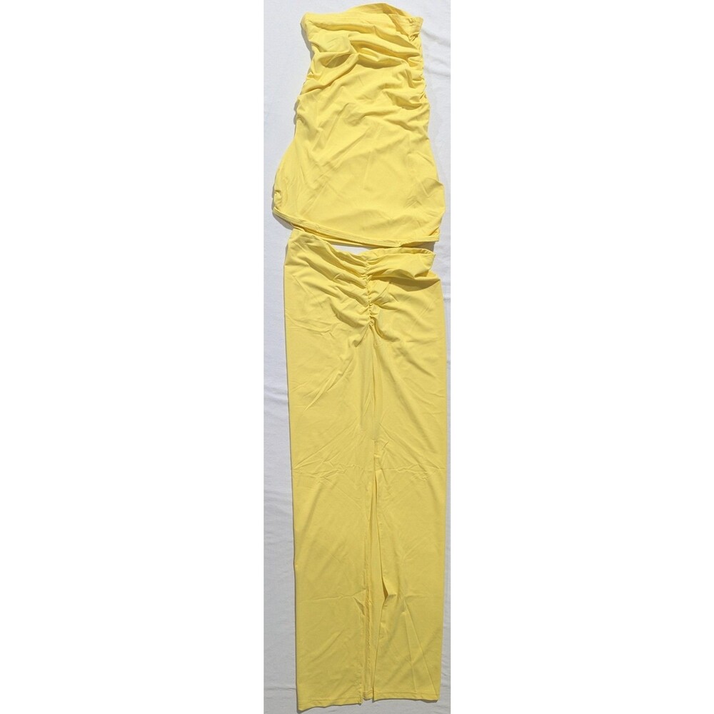 SHEIN BAE Yellow 2pc Set XS Ruched Tube Top Cutout Maxi Skirt NWT